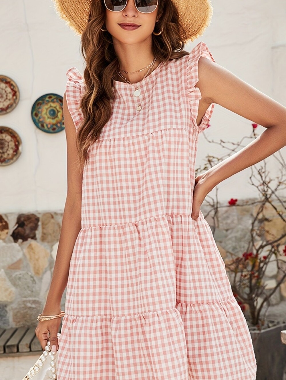 Women's Pink Gingham Tiered Sundress. Size Medium